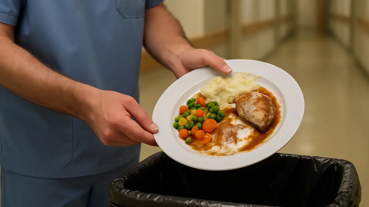 Une préposée qui vide une assiette entamée dans une poubelle