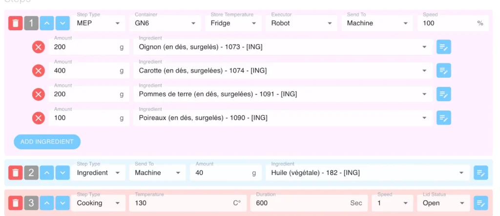 Gestionnaire de recettes et de menus : recette du robot étape par étape, avec ingrédients, quantités, températures et durées