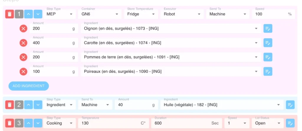Recipe and menu manager: step-by-step robot recipe with ingredients, amounts, temperatures and timings